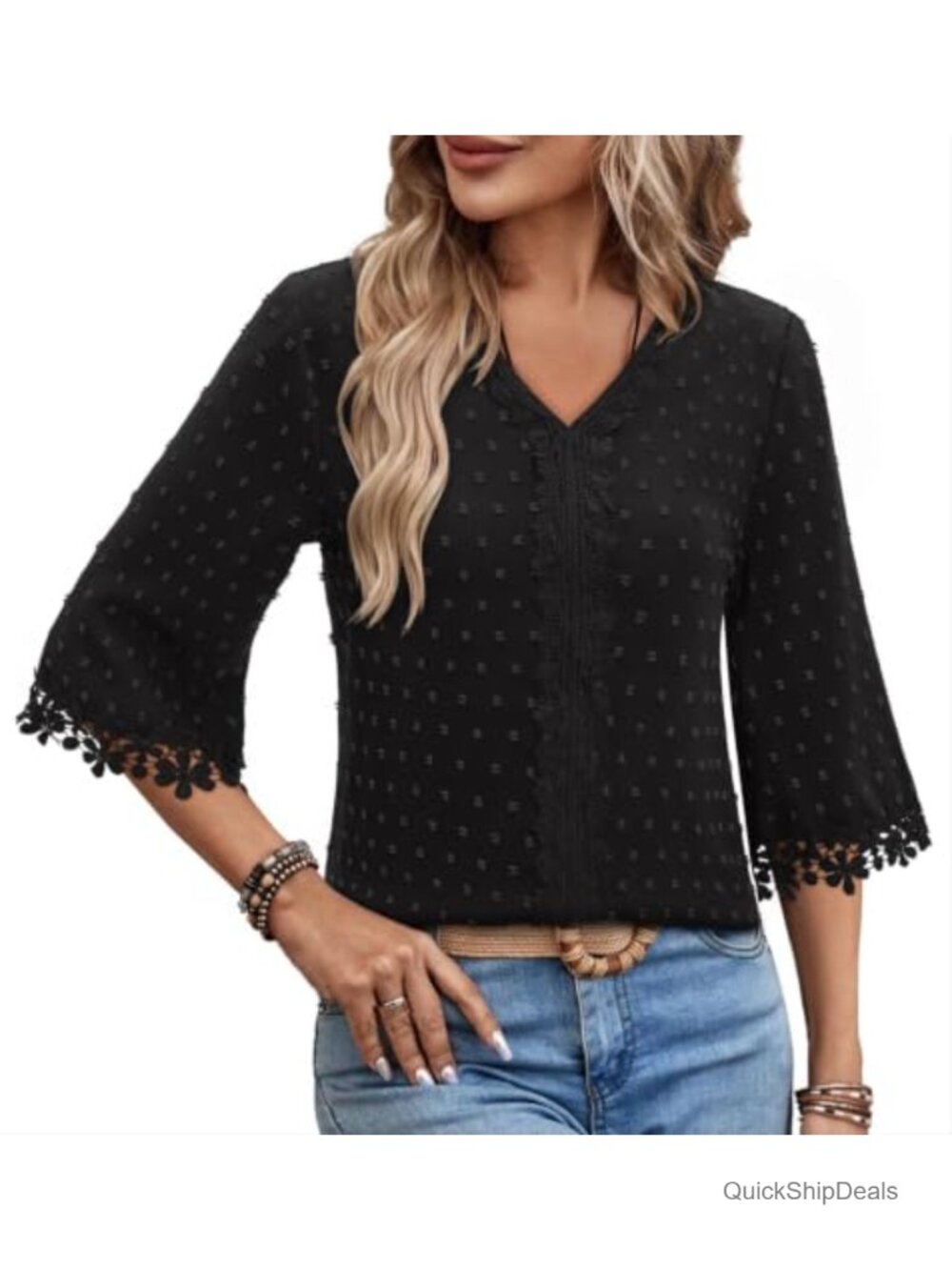Women's 3/4 Sleeve Peasant Blouse Business Casual V-Neck Lace Trim Top